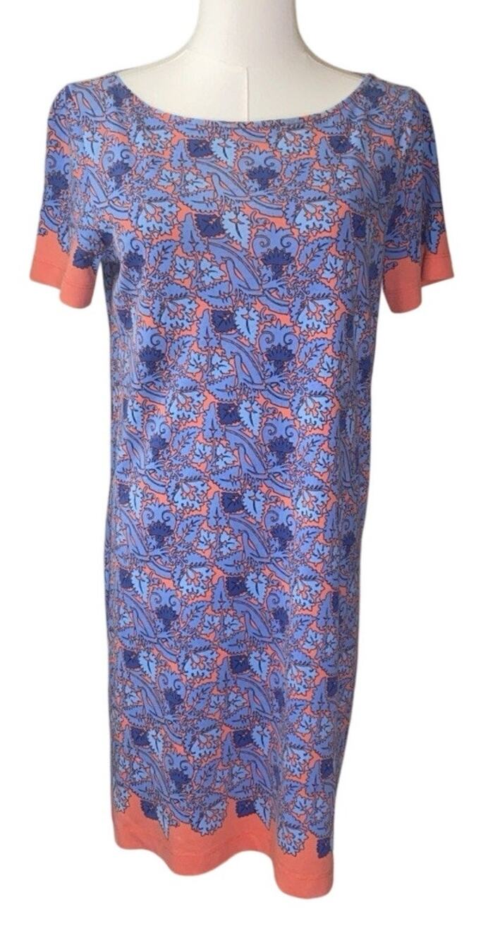 Tory Burch 100% Pima Cotton Elisabeth Printed Shift Dress Blue Coral EUC Small